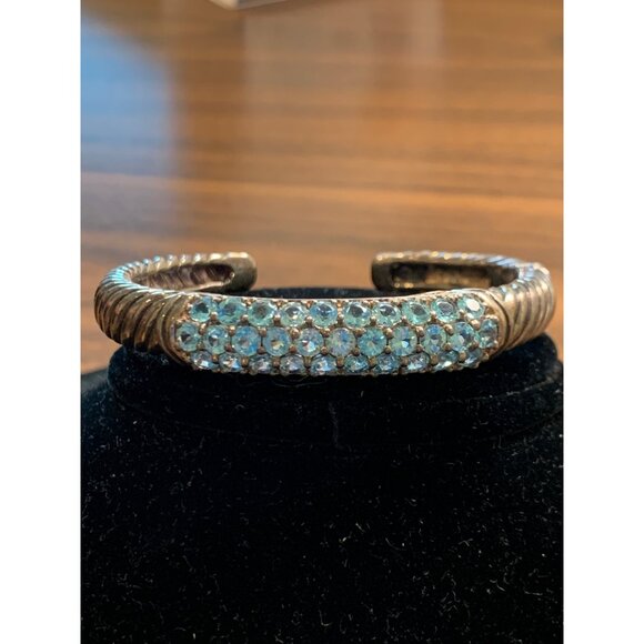 Sterling Silver 925 Cuff Bracelet Blue Rhinestones Twisted Rope Jewelry Women - Picture 1 of 8